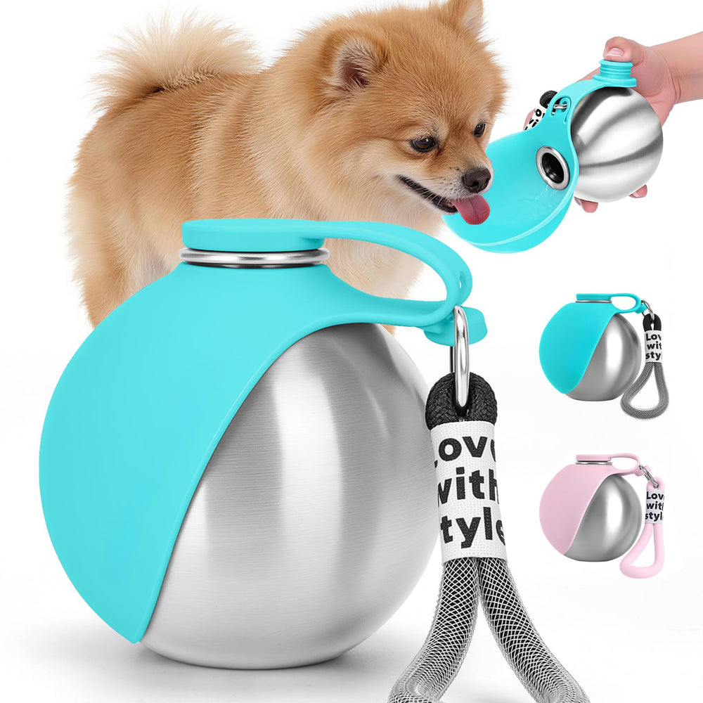 Portable Stainless Steel Dog Water Bottle with Built-in Bowl | 10oz Leak-Proof Travel Water Dispenser for Dogs & Cats | No-Spill Pet Water Bottle for Walking, Hiking & Travel